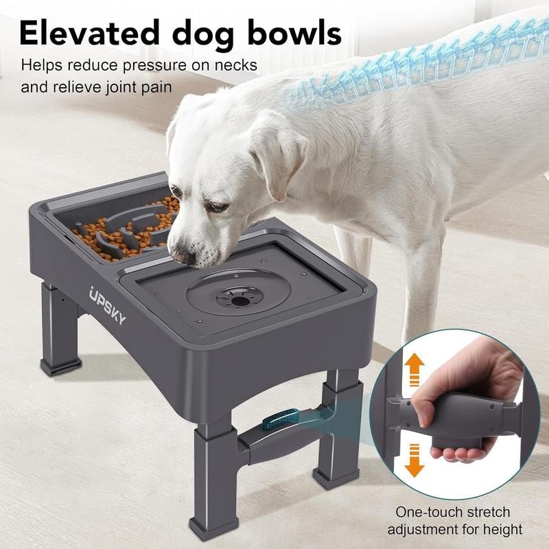 UPSKY 2-In-1 Elevated Dog Bowls Slow Feeder 4 Height Adjustable Raised Stand No Spill Anti-Slip Food Water Bowl for Small Medium Dogs with Anti-Slip Pads