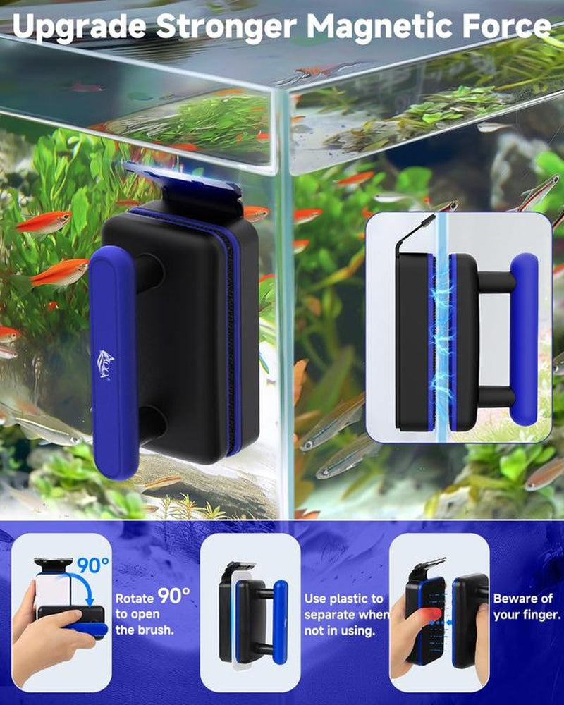 AQQA Magnetic Aquarium Fish Tank Glass Cleaner, Dual-Blades Algae Scraper Glass Cleaner Scrubber, Double Side Floating Aquarium Magnetic Brush , Thick Glass Aquariums Tank