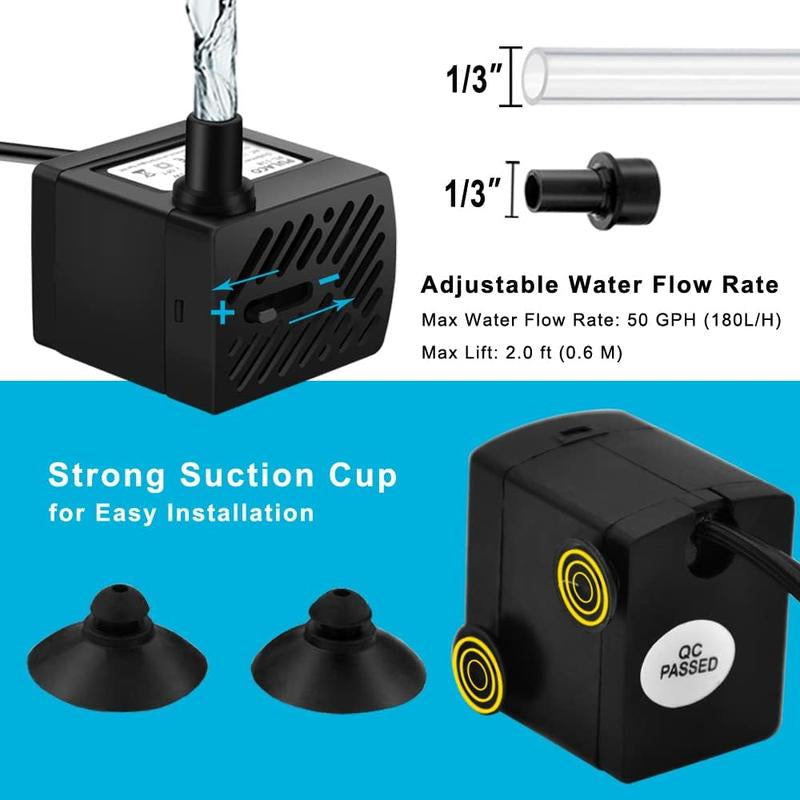 50GPH 3W Mini Submersible Water Pump for Aquariums, Fish Tank, Pond, Fountain, Hydroponics