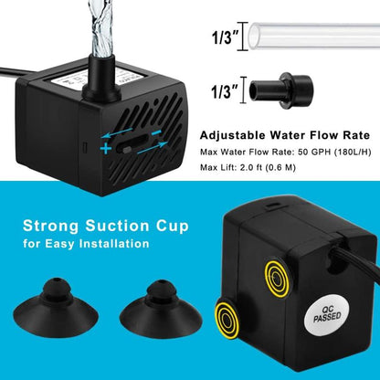 50GPH 3W Mini Submersible Water Pump for Aquariums, Fish Tank, Pond, Fountain, Hydroponics