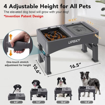 UPSKY 2-In-1 Elevated Dog Bowls Slow Feeder 4 Height Adjustable Raised Stand No Spill Anti-Slip Food Water Bowl for Small Medium Dogs with Anti-Slip Pads