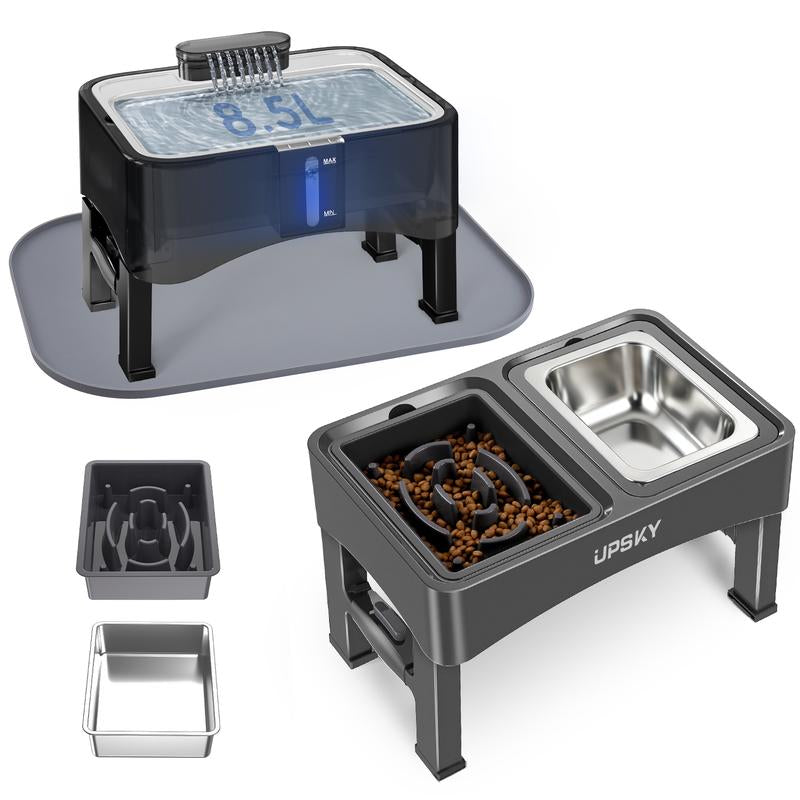 UPSKY 2-In-1 Elevated Dog Bowls Slow Feeder 4 Height Adjustable Raised Stand No Spill Anti-Slip Food Water Bowl for Small Medium Dogs with Anti-Slip Pads