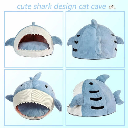 Shark Shape Cat Cave Bed Thick Cushion Kitten Soft Warm House Indoor Cats Cute Tent Removable Washable Cushioned Pillow anti Slip Bottom Hut Sleeping