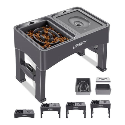 UPSKY 2-In-1 Elevated Dog Bowls Slow Feeder 4 Height Adjustable Raised Stand No Spill Anti-Slip Food Water Bowl for Small Medium Dogs with Anti-Slip Pads
