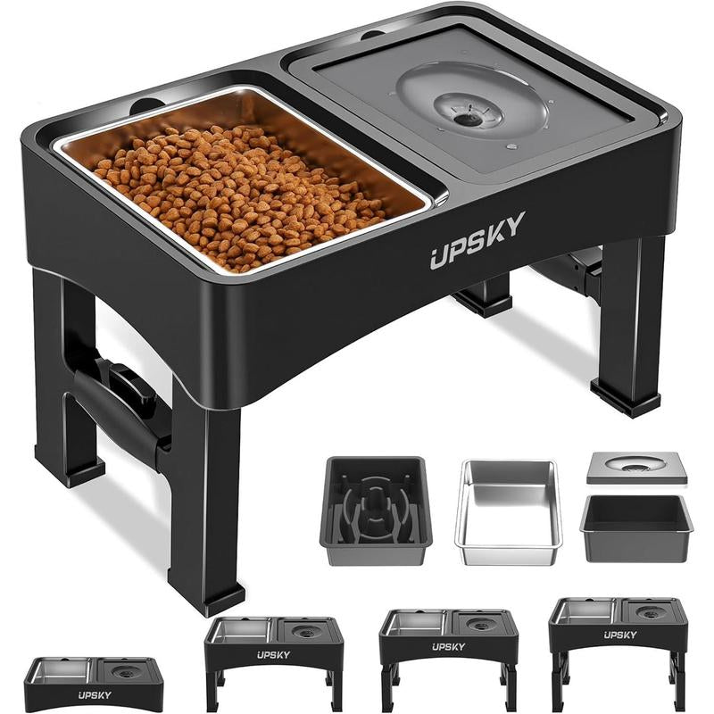 UPSKY 2-In-1 Elevated Dog Bowls Slow Feeder 4 Height Adjustable Raised Stand No Spill Anti-Slip Food Water Bowl for Small Medium Dogs with Anti-Slip Pads