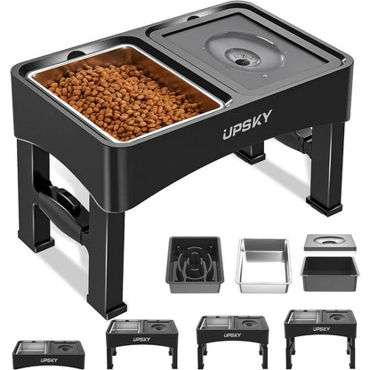 UPSKY 2-In-1 Elevated Dog Bowls Slow Feeder 4 Height Adjustable Raised Stand No Spill Anti-Slip Food Water Bowl for Small Medium Dogs with Anti-Slip Pads