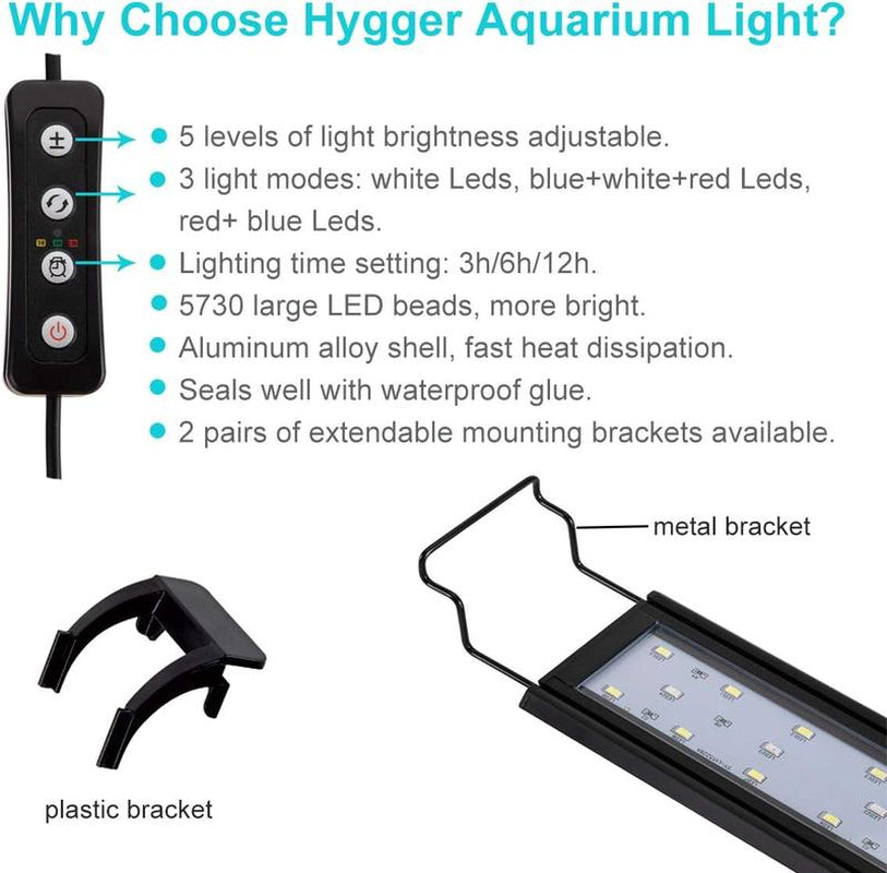 Hygger Full Spectrum Aquarium Light with Aluminum Alloy Shell Extendable Brackets, White Blue Red Leds, External Controller, for Freshwater Fish Tank