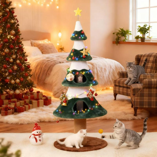 Royalcraft Christmas Tree Cat Tower for Indoor Cats, Multi-Level Wooden Cat Tree with Scratching Posts, Sisal Cat Scratcher & Cozy Cat Beds,Green
