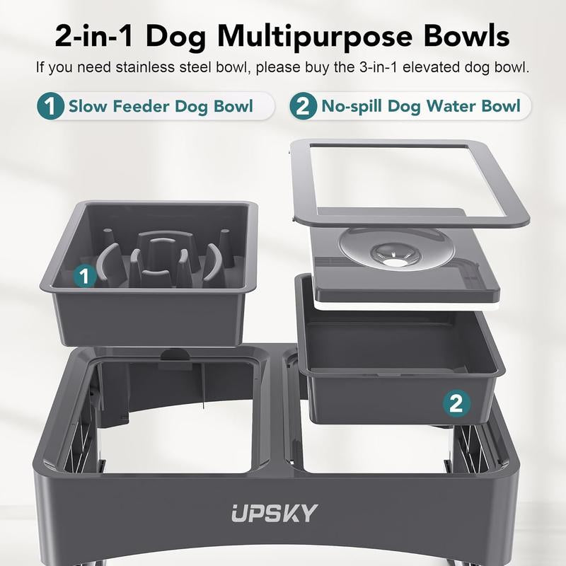 UPSKY 2-In-1 Elevated Dog Bowls Slow Feeder 4 Height Adjustable Raised Stand No Spill Anti-Slip Food Water Bowl for Small Medium Dogs with Anti-Slip Pads