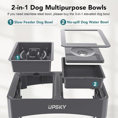 UPSKY 2-In-1 Elevated Dog Bowls Slow Feeder 4 Height Adjustable Raised Stand No Spill Anti-Slip Food Water Bowl for Small Medium Dogs with Anti-Slip Pads