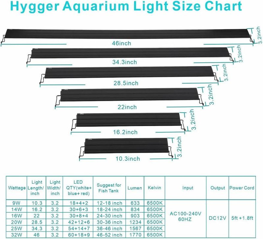 Hygger Full Spectrum Aquarium Light with Aluminum Alloy Shell Extendable Brackets, White Blue Red Leds, External Controller, for Freshwater Fish Tank