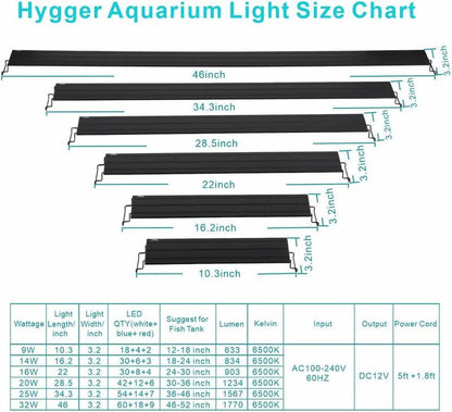 Hygger Full Spectrum Aquarium Light with Aluminum Alloy Shell Extendable Brackets, White Blue Red Leds, External Controller, for Freshwater Fish Tank
