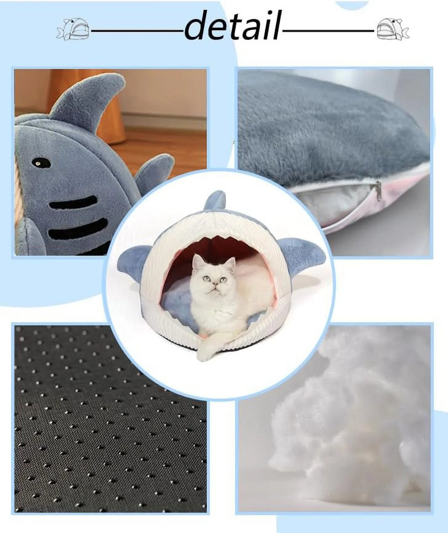 Shark Shape Cat Cave Bed Thick Cushion Kitten Soft Warm House Indoor Cats Cute Tent Removable Washable Cushioned Pillow anti Slip Bottom Hut Sleeping