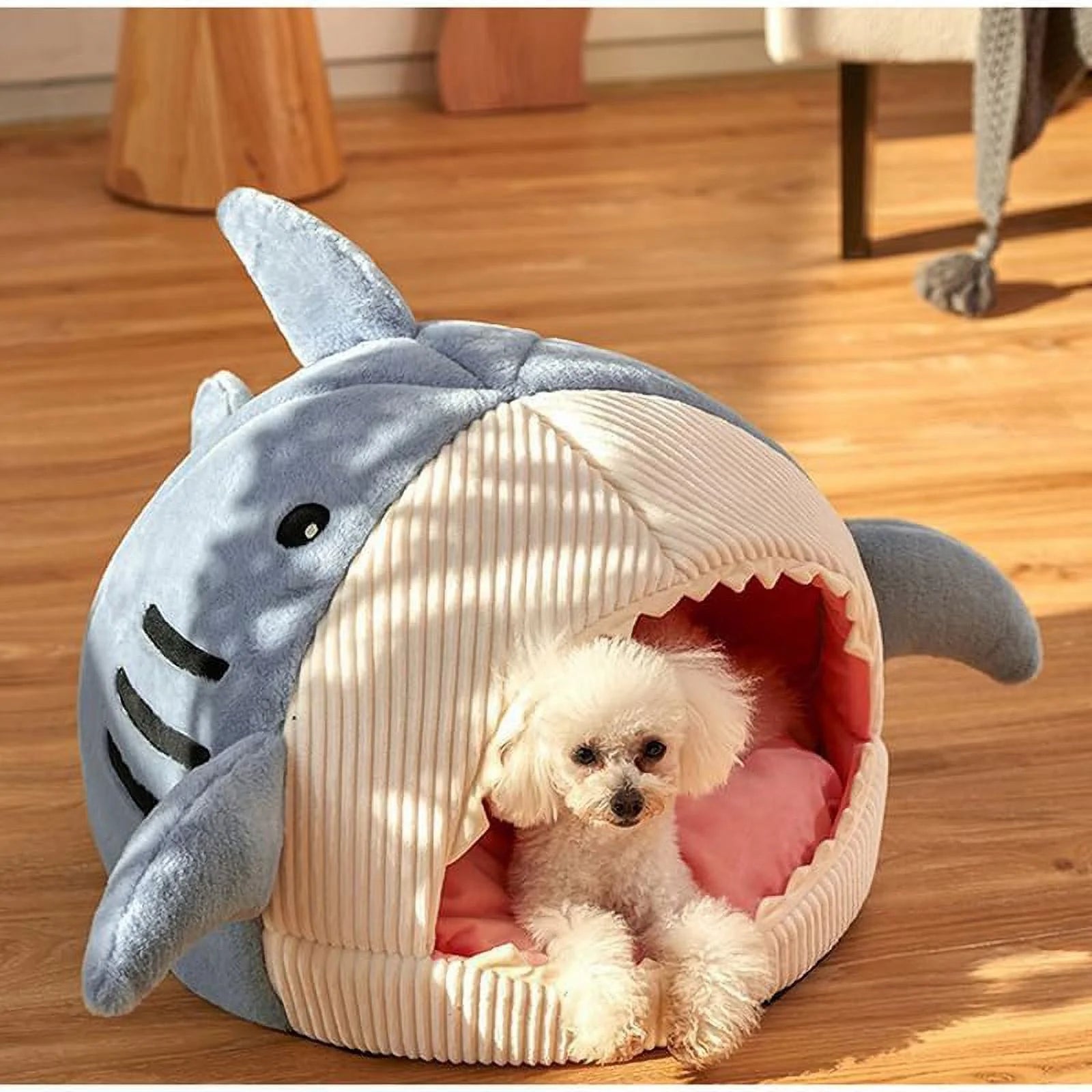 Shark Shape Cat Cave Bed Thick Cushion Kitten Soft Warm House Indoor Cats Cute Tent Removable Washable Cushioned Pillow anti Slip Bottom Hut Sleeping