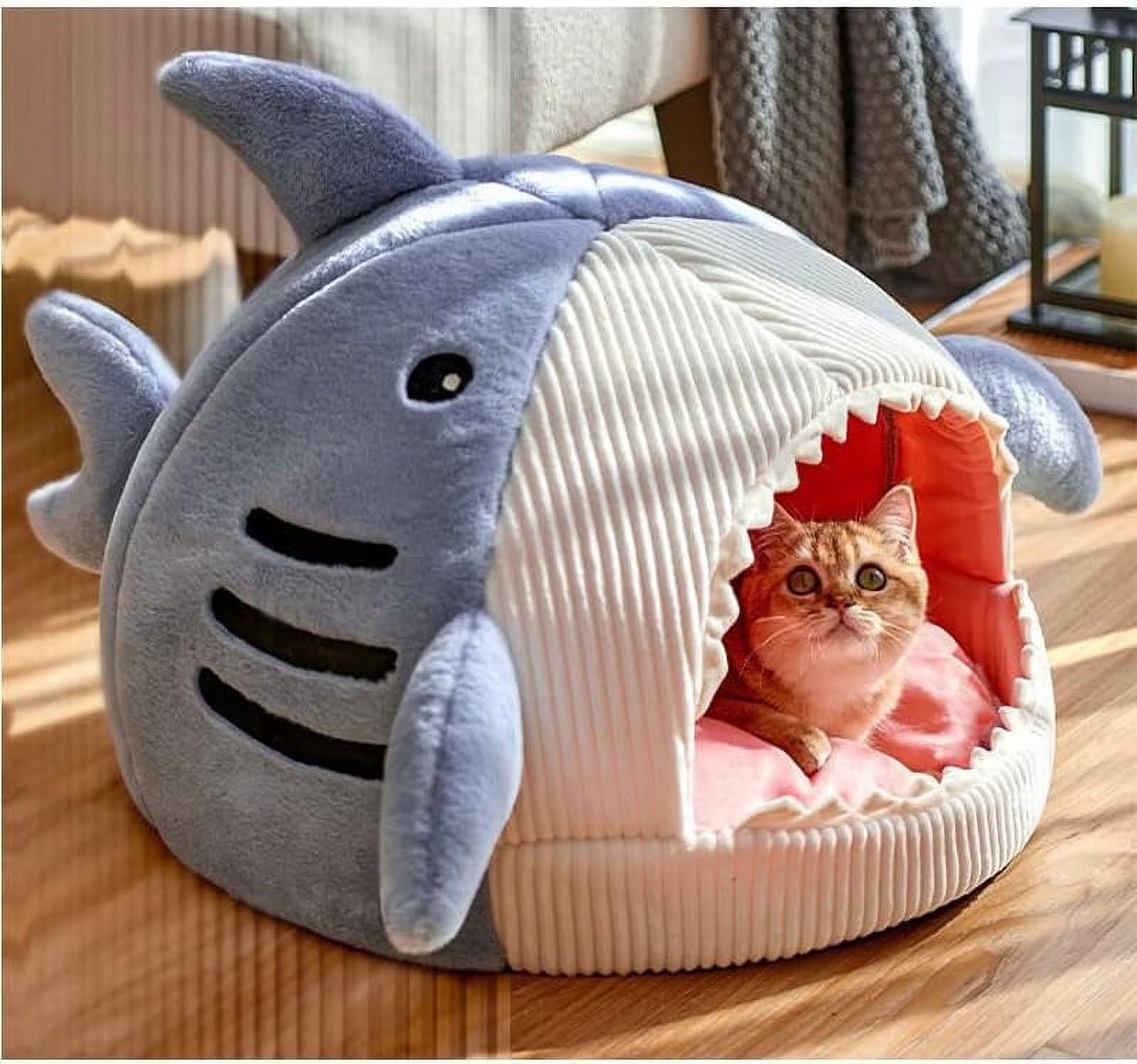 Shark Shape Cat Cave Bed Thick Cushion Kitten Soft Warm House Indoor Cats Cute Tent Removable Washable Cushioned Pillow anti Slip Bottom Hut Sleeping
