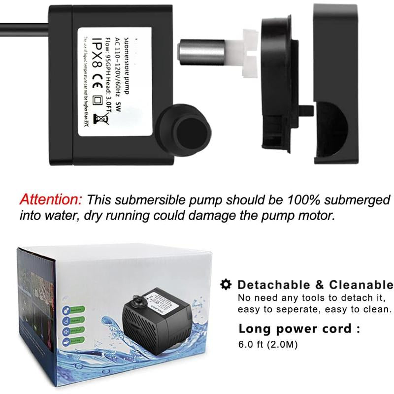 50GPH 3W Mini Submersible Water Pump for Aquariums, Fish Tank, Pond, Fountain, Hydroponics