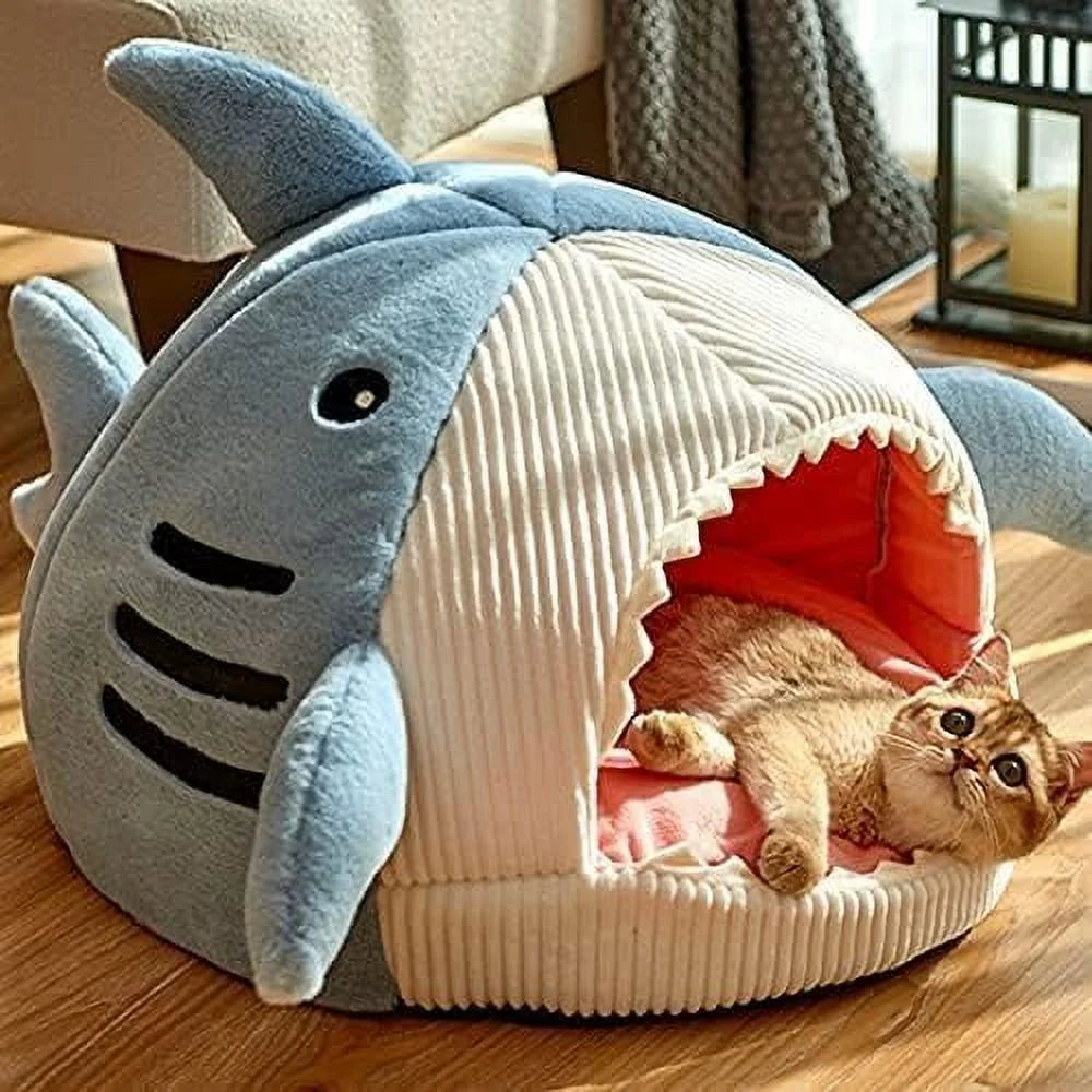 Shark Shape Cat Cave Bed Thick Cushion Kitten Soft Warm House Indoor Cats Cute Tent Removable Washable Cushioned Pillow anti Slip Bottom Hut Sleeping
