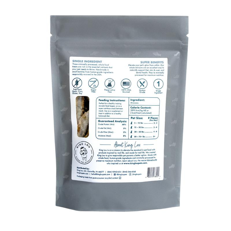King Lou Whole Minnows - Freeze-Dried Raw Snack for Dogs and Cats Single Ingredient, 100% USA, Human Grade, Treats Pet Products Natural Food Pets Supplies