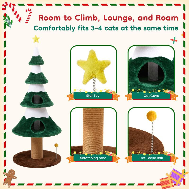 Royalcraft Christmas Tree Cat Tower for Indoor Cats, Multi-Level Wooden Cat Tree with Scratching Posts, Sisal Cat Scratcher & Cozy Cat Beds,Green