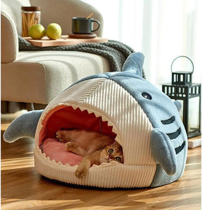 Shark Shape Cat Cave Bed Thick Cushion Kitten Soft Warm House Indoor Cats Cute Tent Removable Washable Cushioned Pillow anti Slip Bottom Hut Sleeping